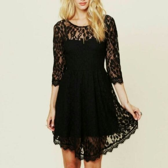 Free People Queens Love Black Asymmetrical Goth Lace Dress - Picture 1 of 6